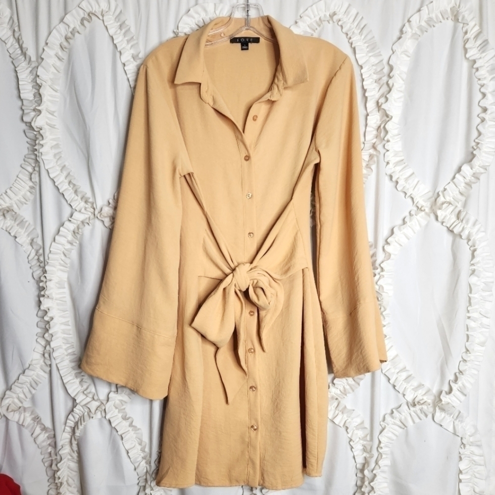 FORE COLLECTION Yellow Button Up Bell Sleeve DRESS Sz Large